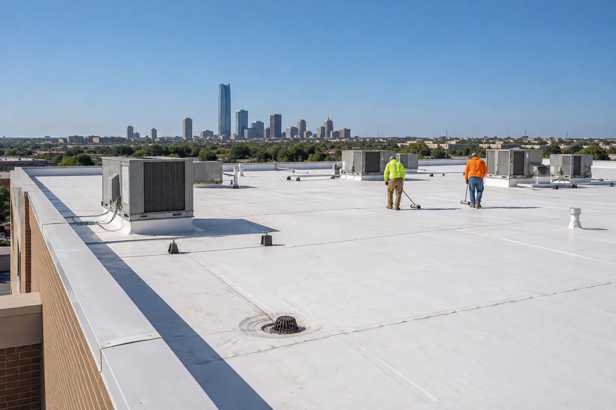 Flat white membrane roof with rooftop units on a commercial building