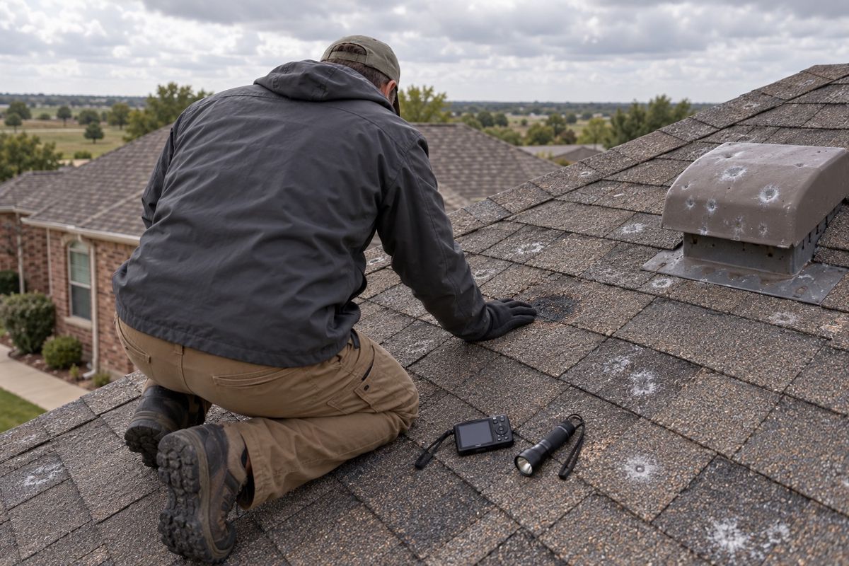 Inspector from behind examining a hail-bruised shingle on a roof