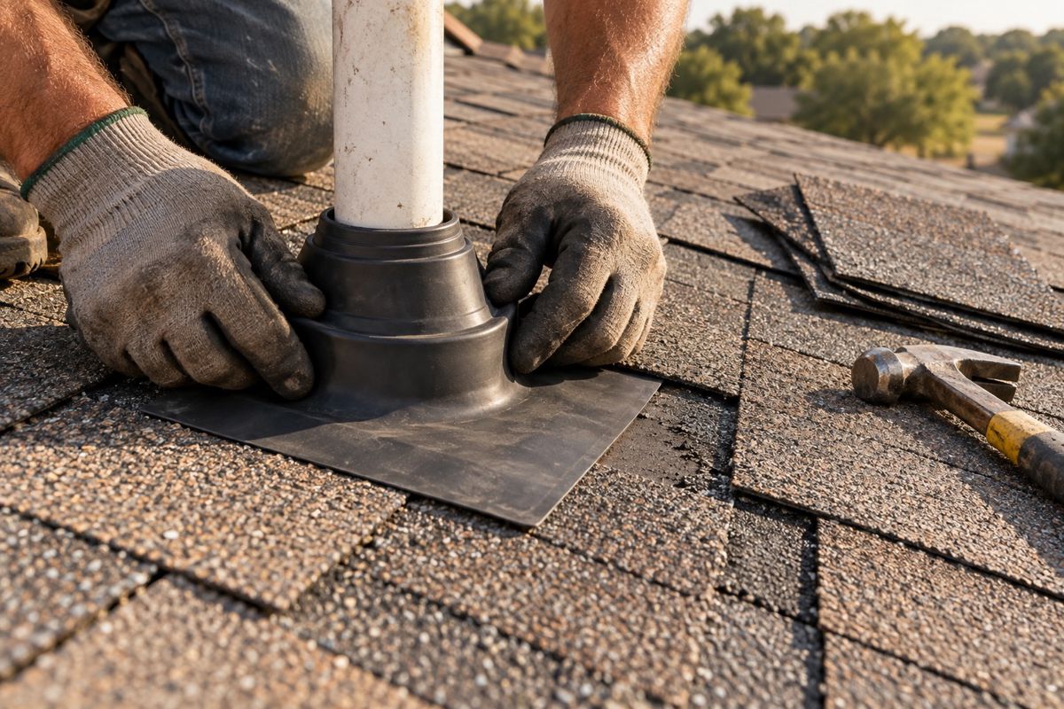 Roofer's gloved hands replacing a vent boot on a shingle roof