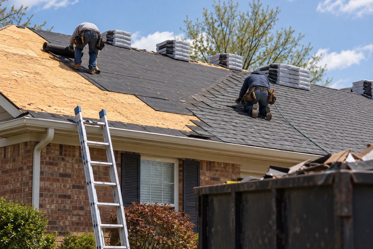 Half-finished roof replacement with bare deck on one slope and new shingles on the other