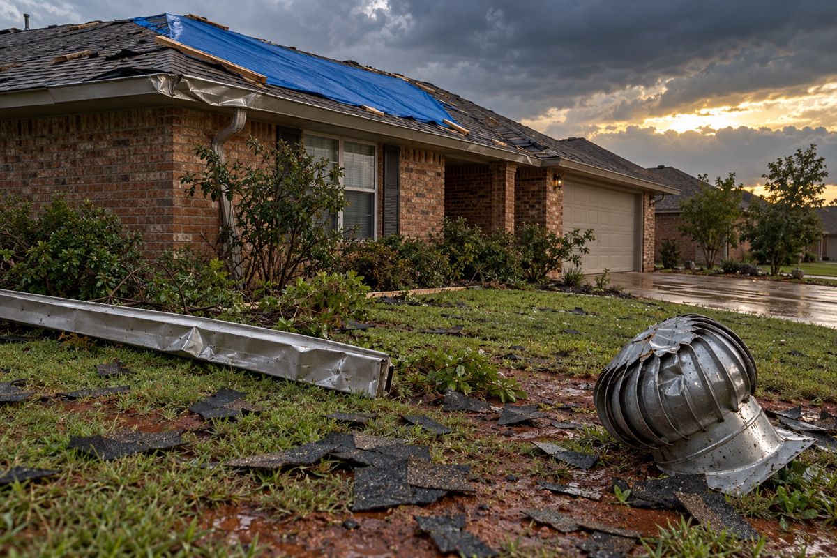 Hail-damaged house roof partly covered with a tarp after a storm